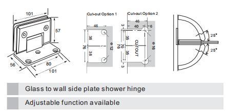Glass Fitting Heavy Duty Bevel Edge Glass to Wall with Offset Wall Mount Plate Door Shower Hinge with 85 and 90 Degree Reversible Pivot Pin and off-Angle Adjust