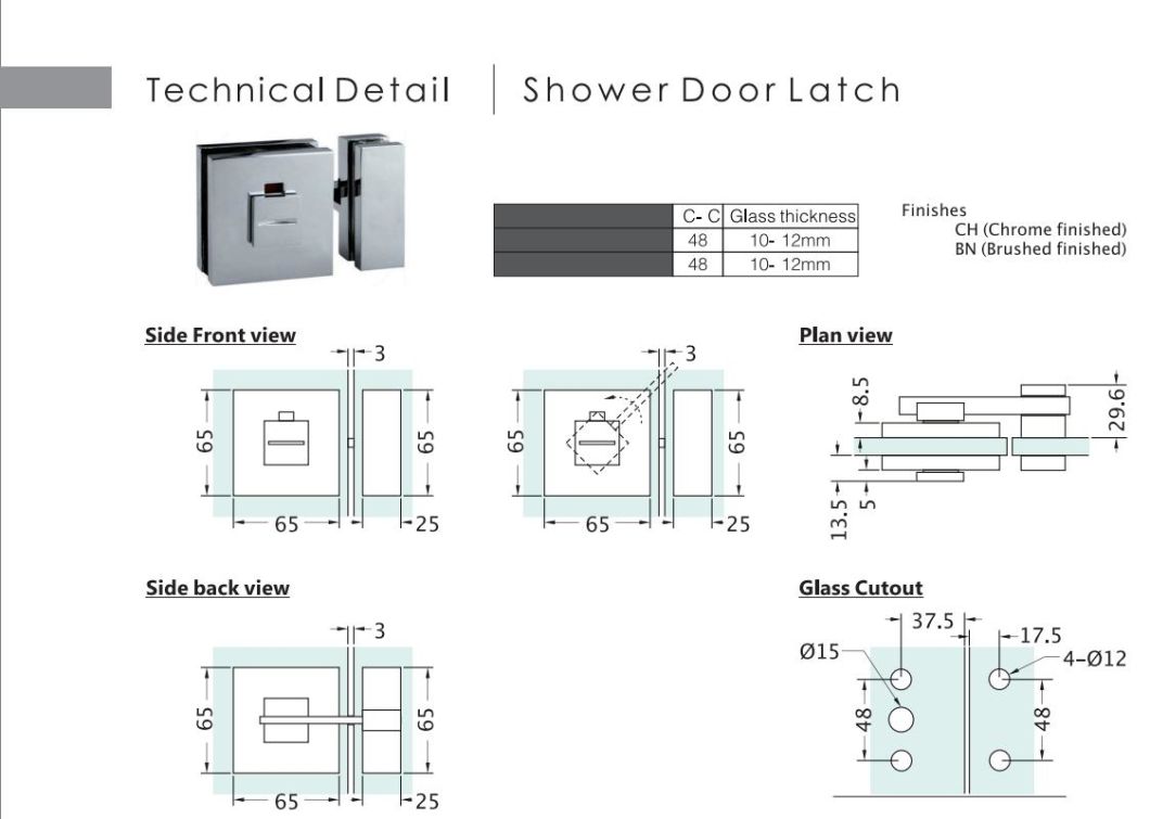 Brass Glass Door Latch Lock for Glass Shower Door with Door Knob