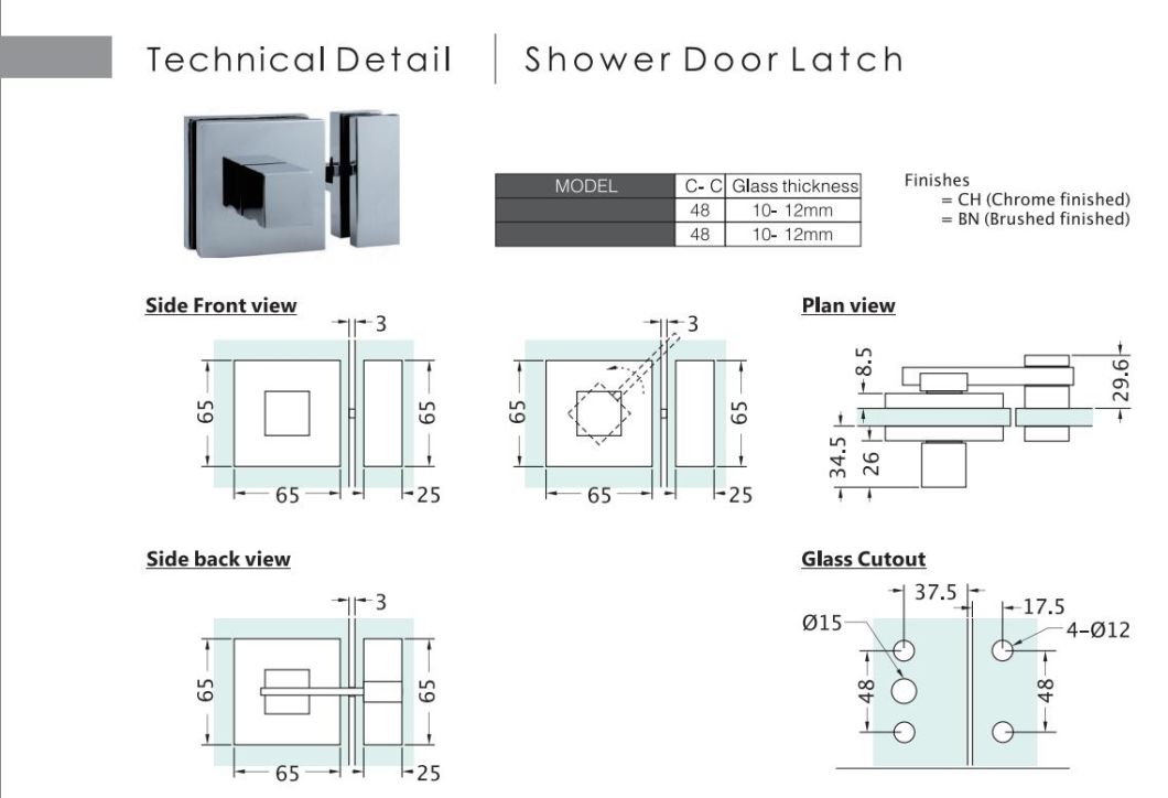 Brass Glass Door Latch Lock for Glass Shower Door with Door Knob